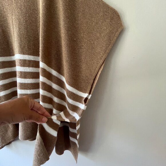 J.CREW One Size Tan White Mock Neck Poncho Stripe Pullover Sweater Cover Up - Picture 5 of 7